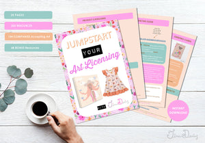 Jumpstart Your Art Licensing Companies Guide. Guide pages shown on a table with a person's hand holding a black coffee/tea. The cover of the guide shows a brightly colored picture with children's wall art with girl and child's dress with a pretty Hallowe'en pattern