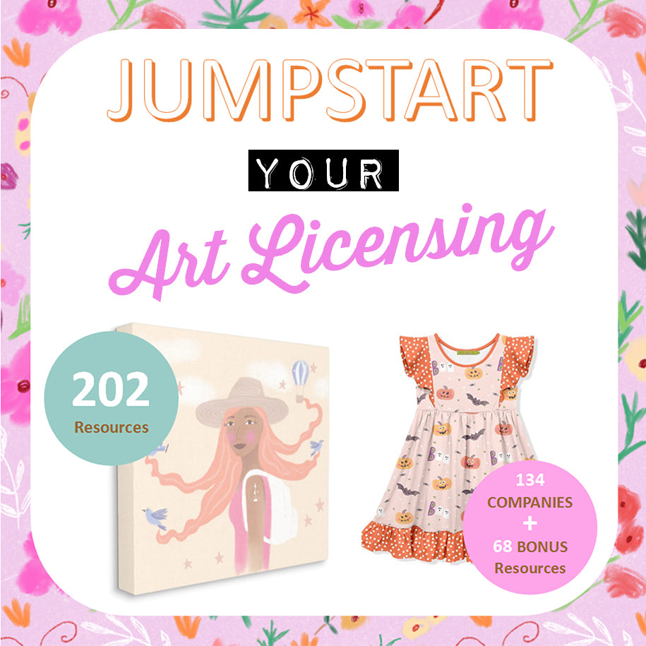 Jumpstart Your Art Licensing Companies Guide. Brightly colored picture showing children's wall art with girl and child's dress with a pretty Hallowe'en pattern